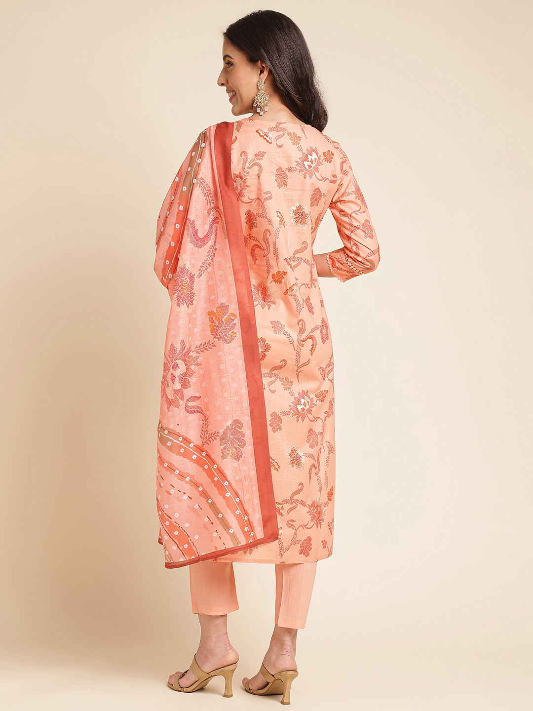 Orange Floral Pure Cotton Printed & Handwork Kurta Set