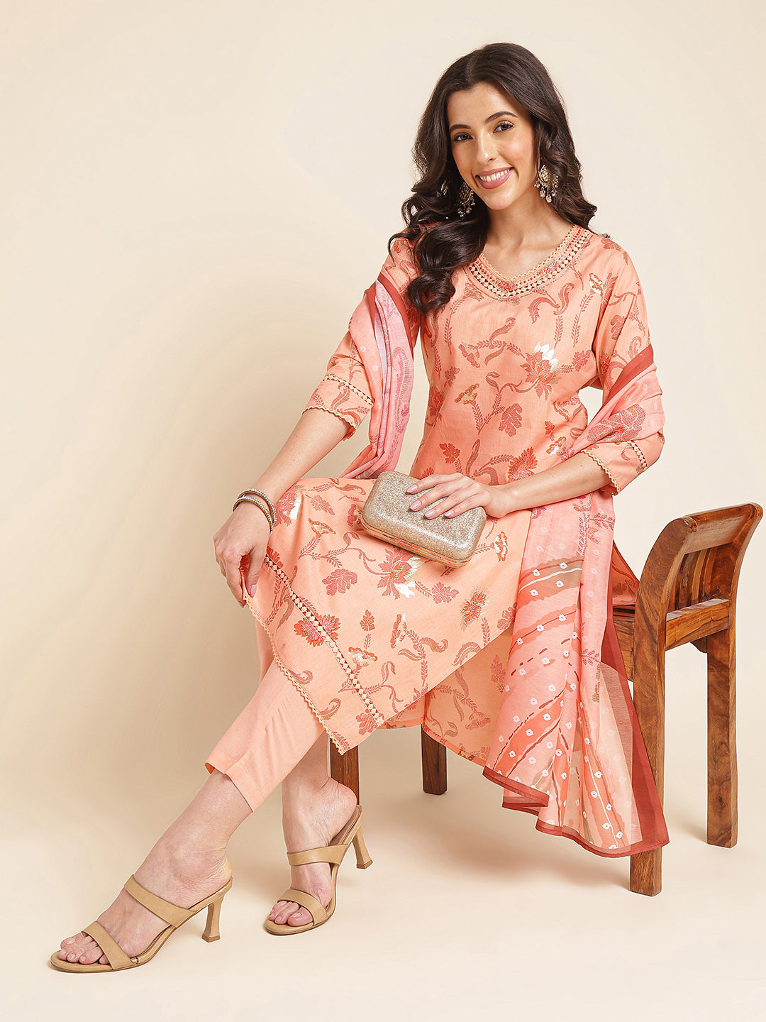 Orange Floral Pure Cotton Printed & Handwork Kurta Set