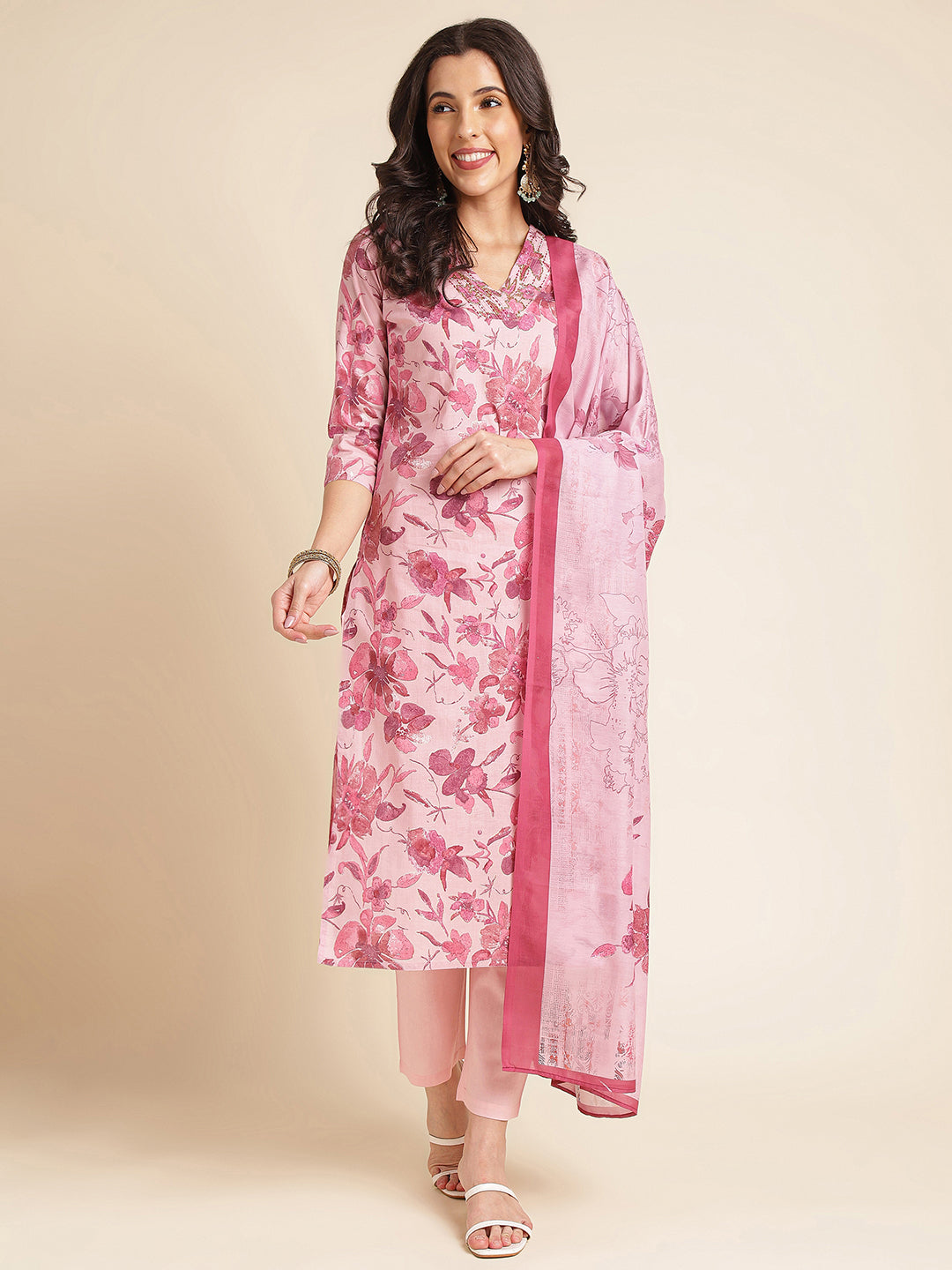 Pink Floral Pure Cotton Printed & Handwork Kurta Set