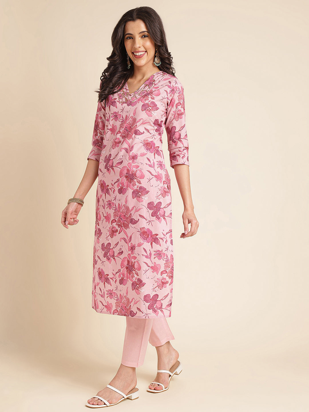 Pink Floral Pure Cotton Printed & Handwork Kurta Set