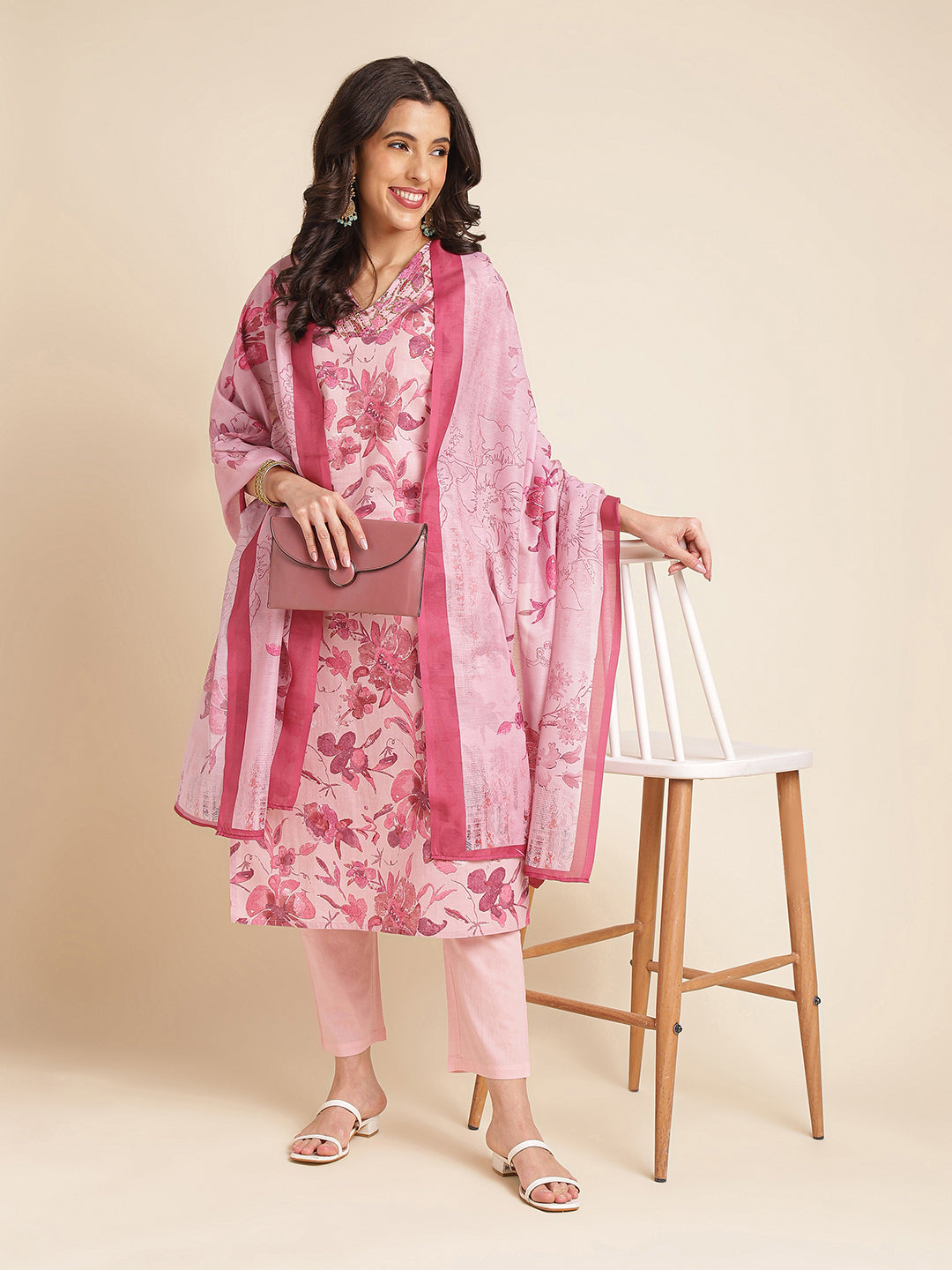 Pink Floral Pure Cotton Printed & Handwork Kurta Set