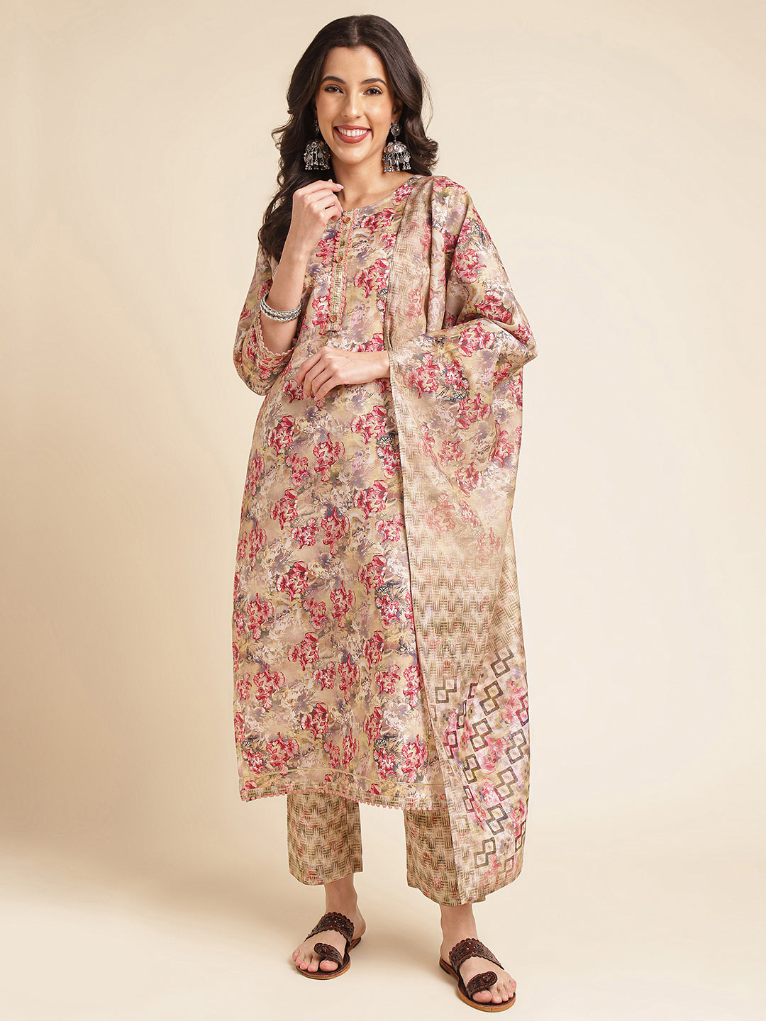 Multicolor Printed A-line Muslin Round Neck Kurta Set