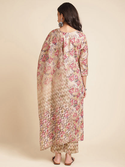 Multicolor Printed A-line Muslin Round Neck Kurta Set