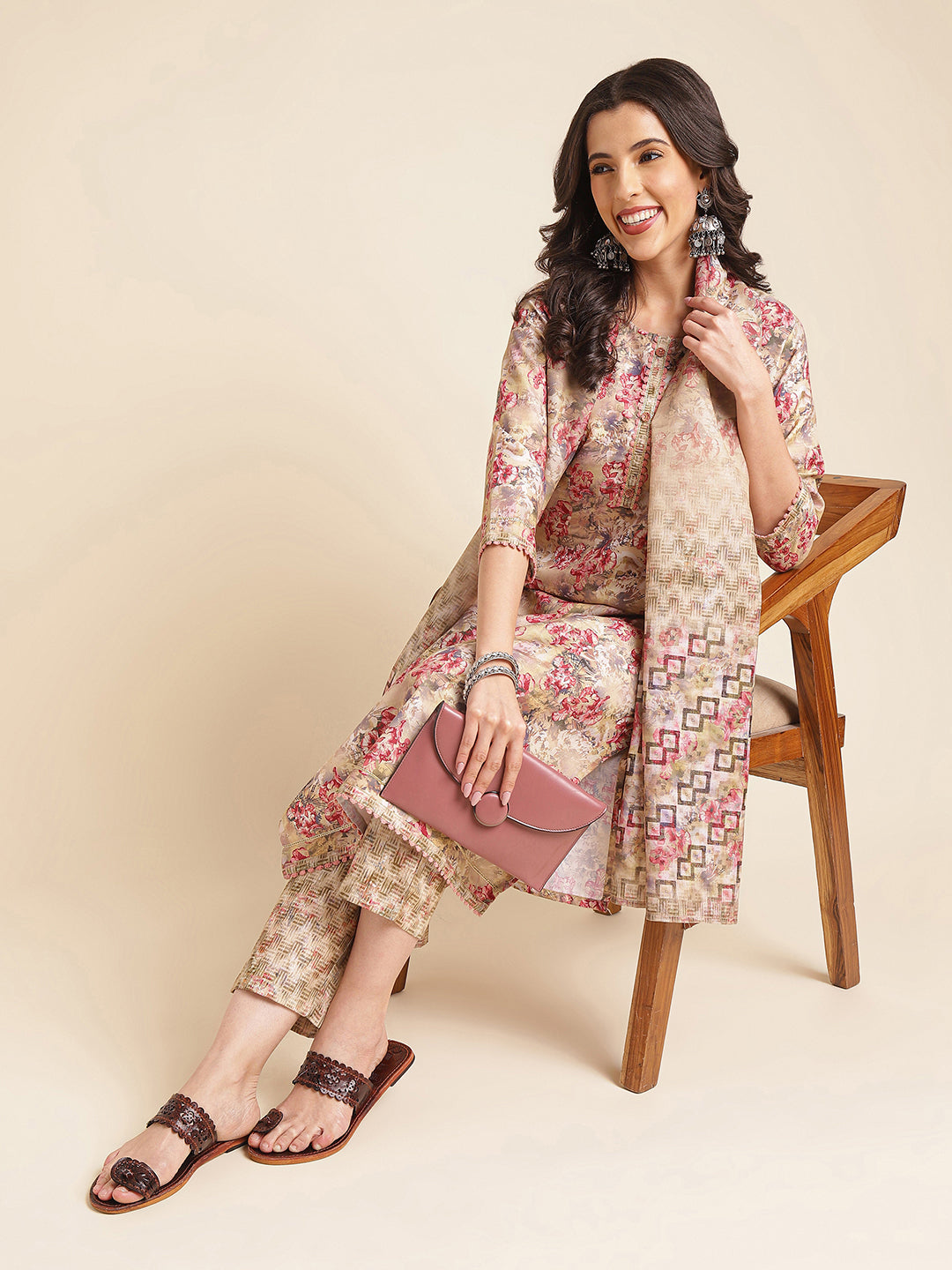 Multicolor Printed A-line Muslin Round Neck Kurta Set