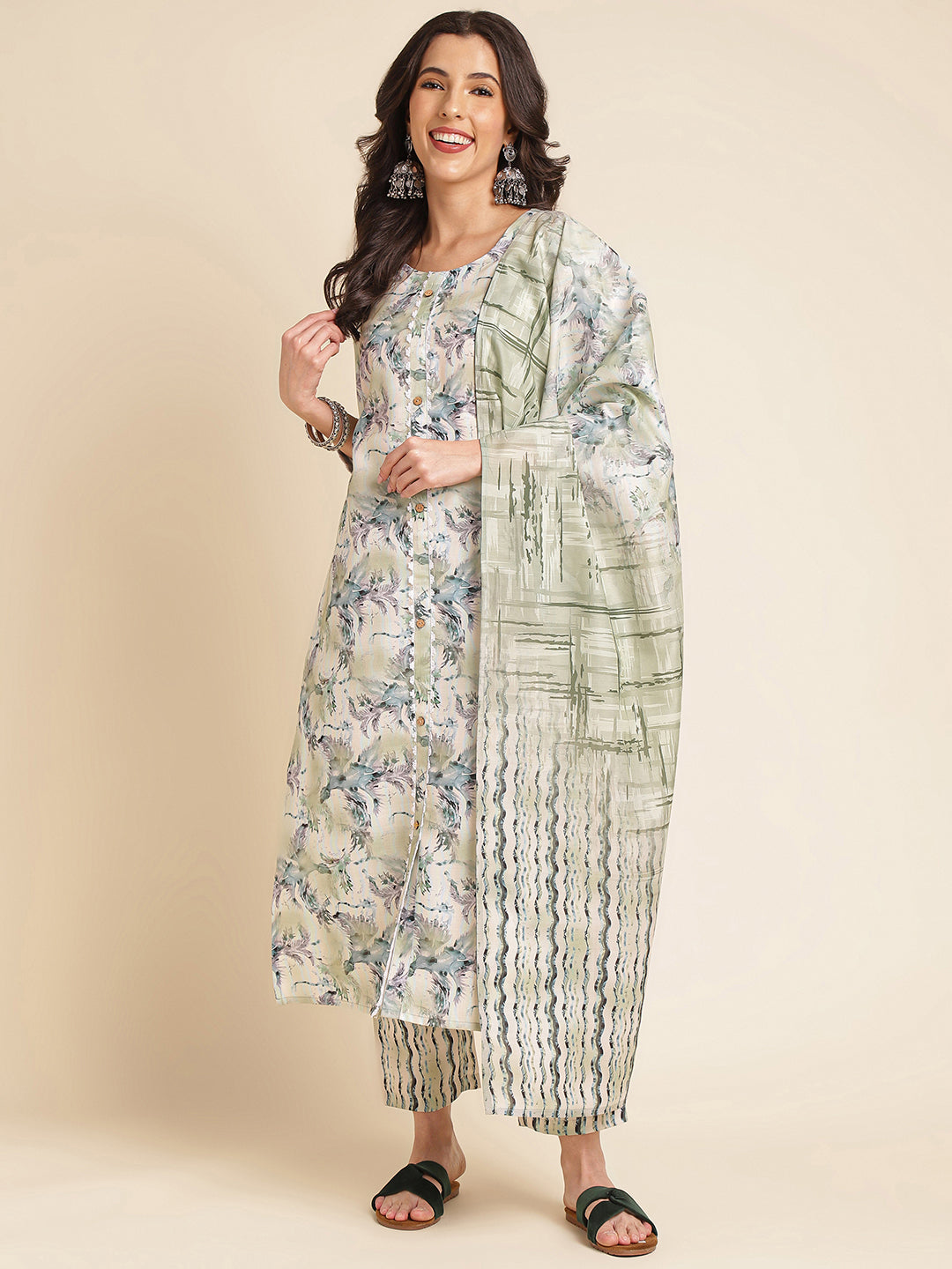 White Green Printed A-line Muslin Round Neck Kurta Set