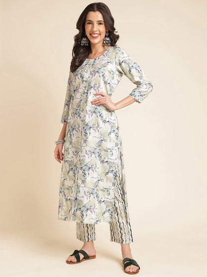 White Green Printed A-line Muslin Round Neck Kurta Set