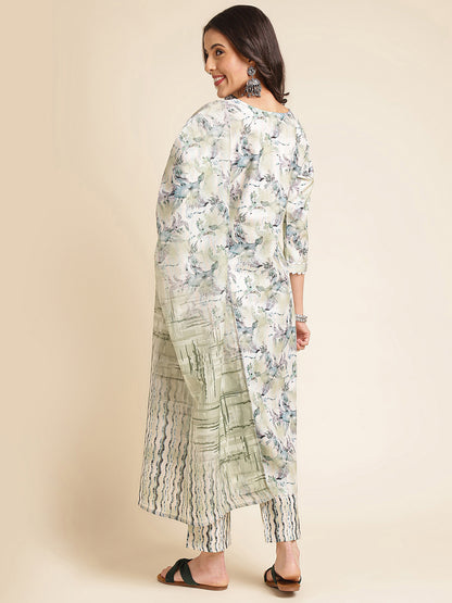 White Green Printed A-line Muslin Round Neck Kurta Set