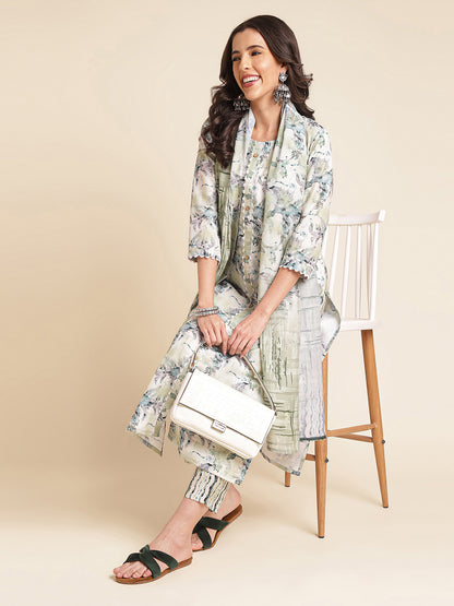 White Green Printed A-line Muslin Round Neck Kurta Set