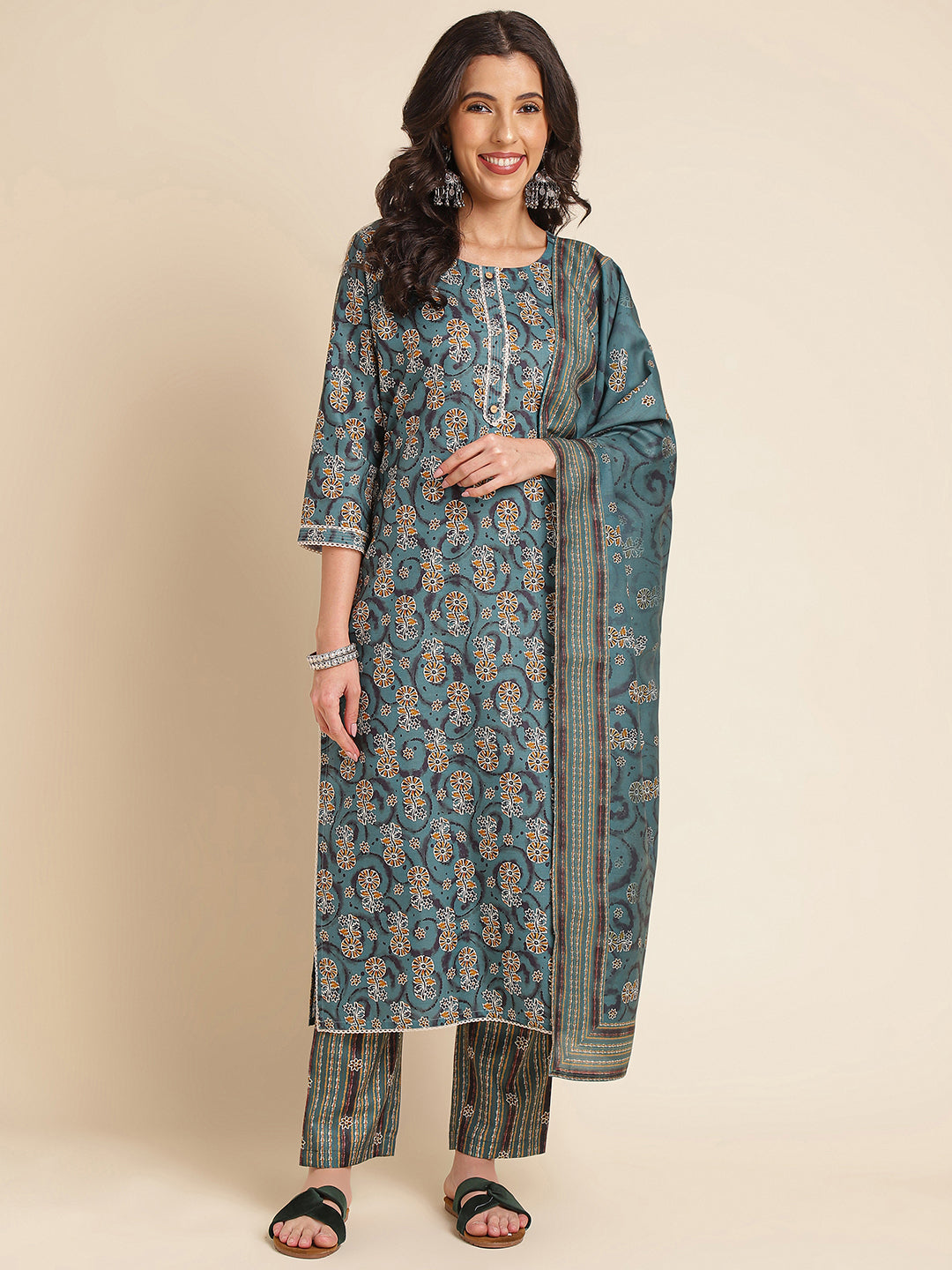 Teal Printed A-line Muslin Round Neck Kurta Set