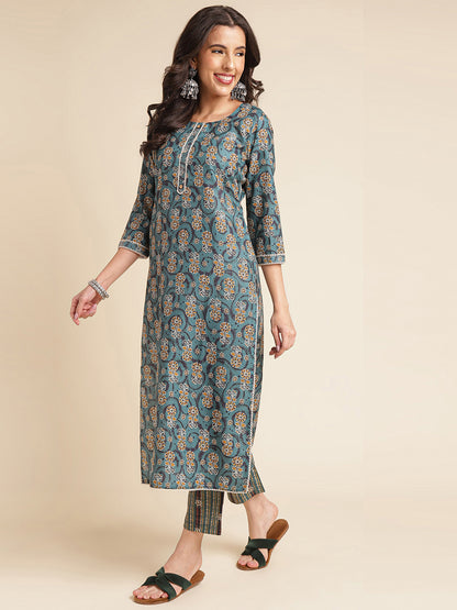 Teal Printed A-line Muslin Round Neck Kurta Set