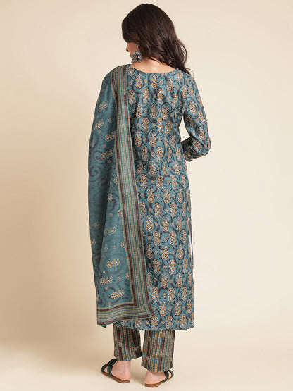 Teal Printed A-line Muslin Round Neck Kurta Set