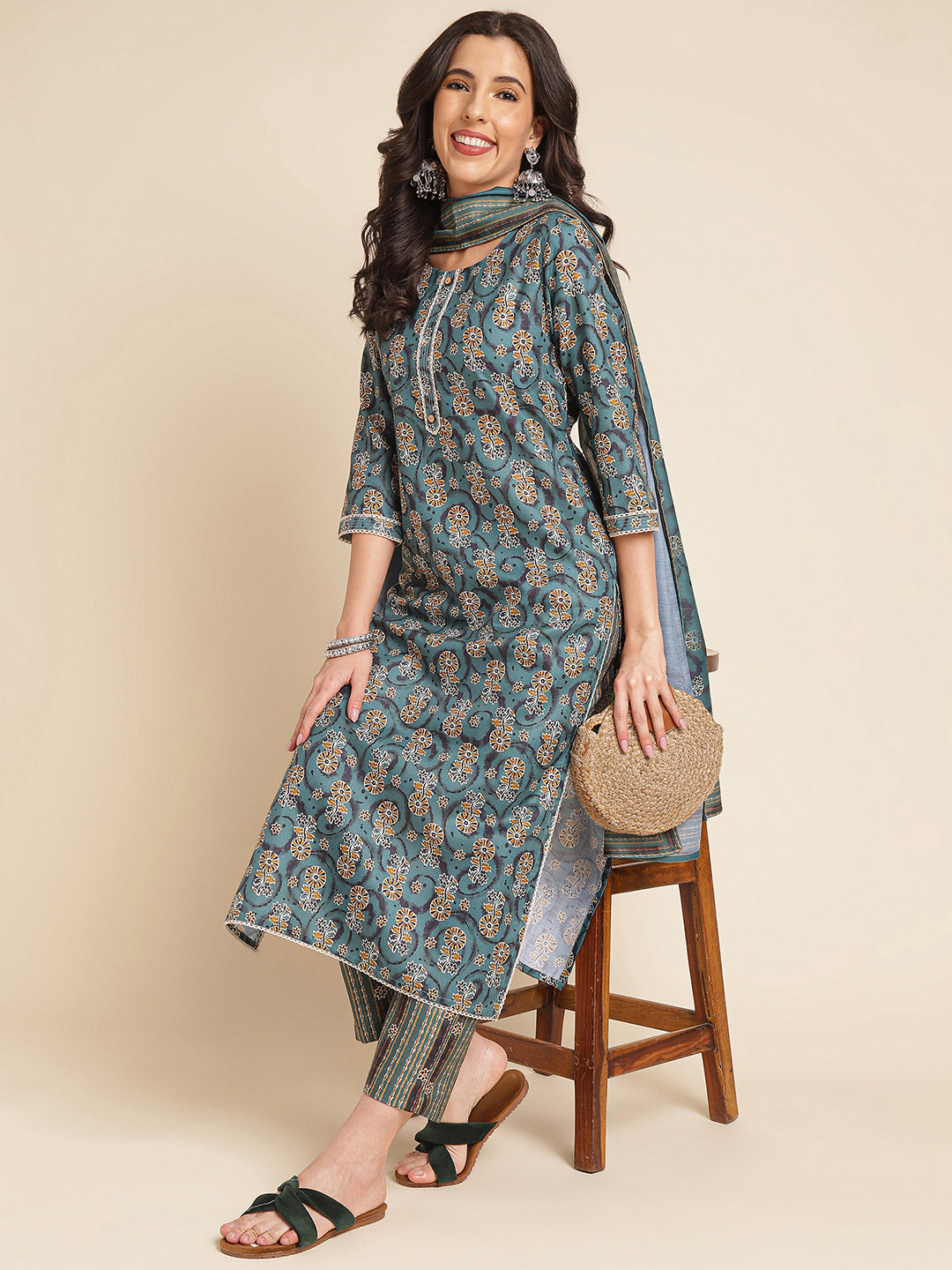 Teal Printed A-line Muslin Round Neck Kurta Set