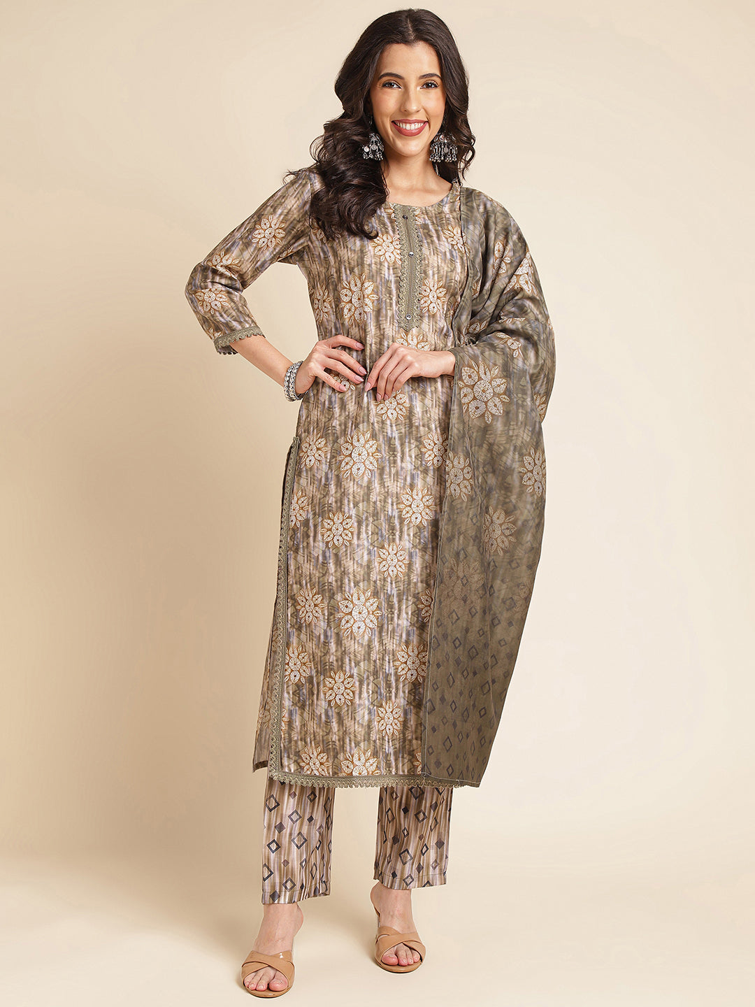 Dark Beige Printed A-line Muslin Round Neck Kurta Set