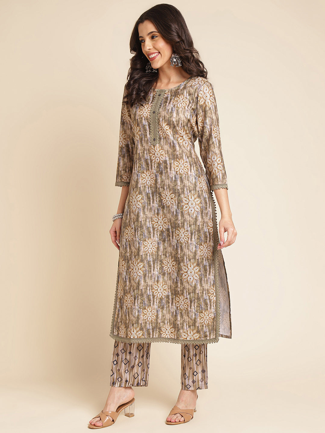 Dark Beige Printed A-line Muslin Round Neck Kurta Set