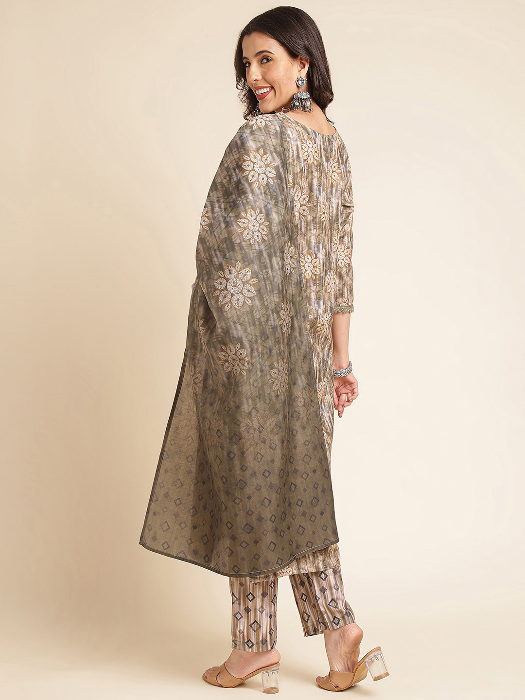 Dark Beige Printed A-line Muslin Round Neck Kurta Set