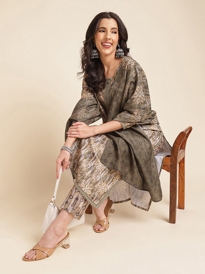 Dark Beige Printed A-line Muslin Round Neck Kurta Set