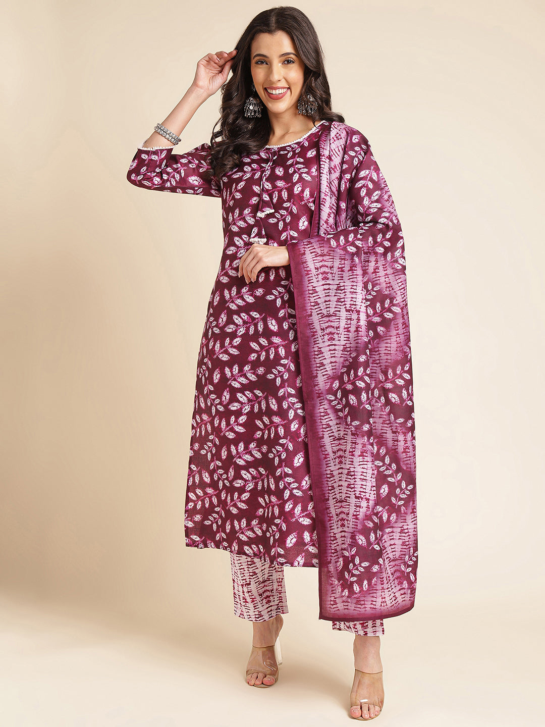 Dark Mauve Printed A-line Muslin Round Neck Kurta Set