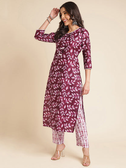 Dark Mauve Printed A-line Muslin Round Neck Kurta Set