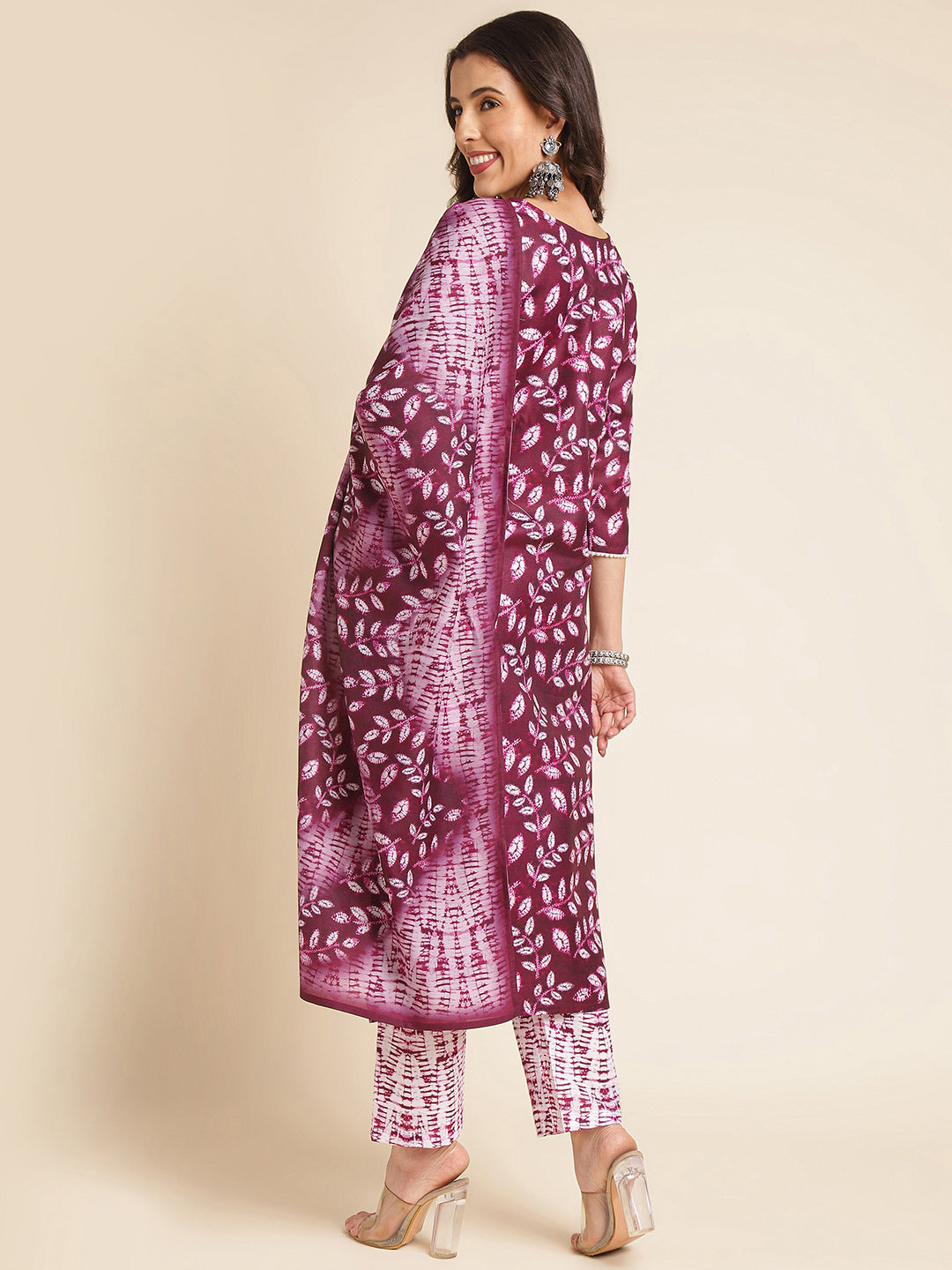 Dark Mauve Printed A-line Muslin Round Neck Kurta Set