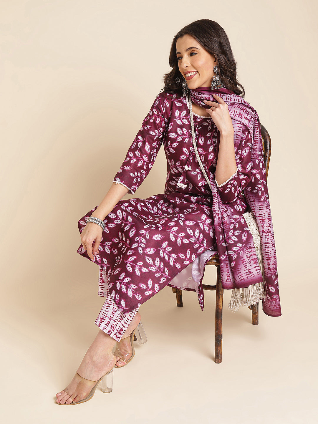 Dark Mauve Printed A-line Muslin Round Neck Kurta Set