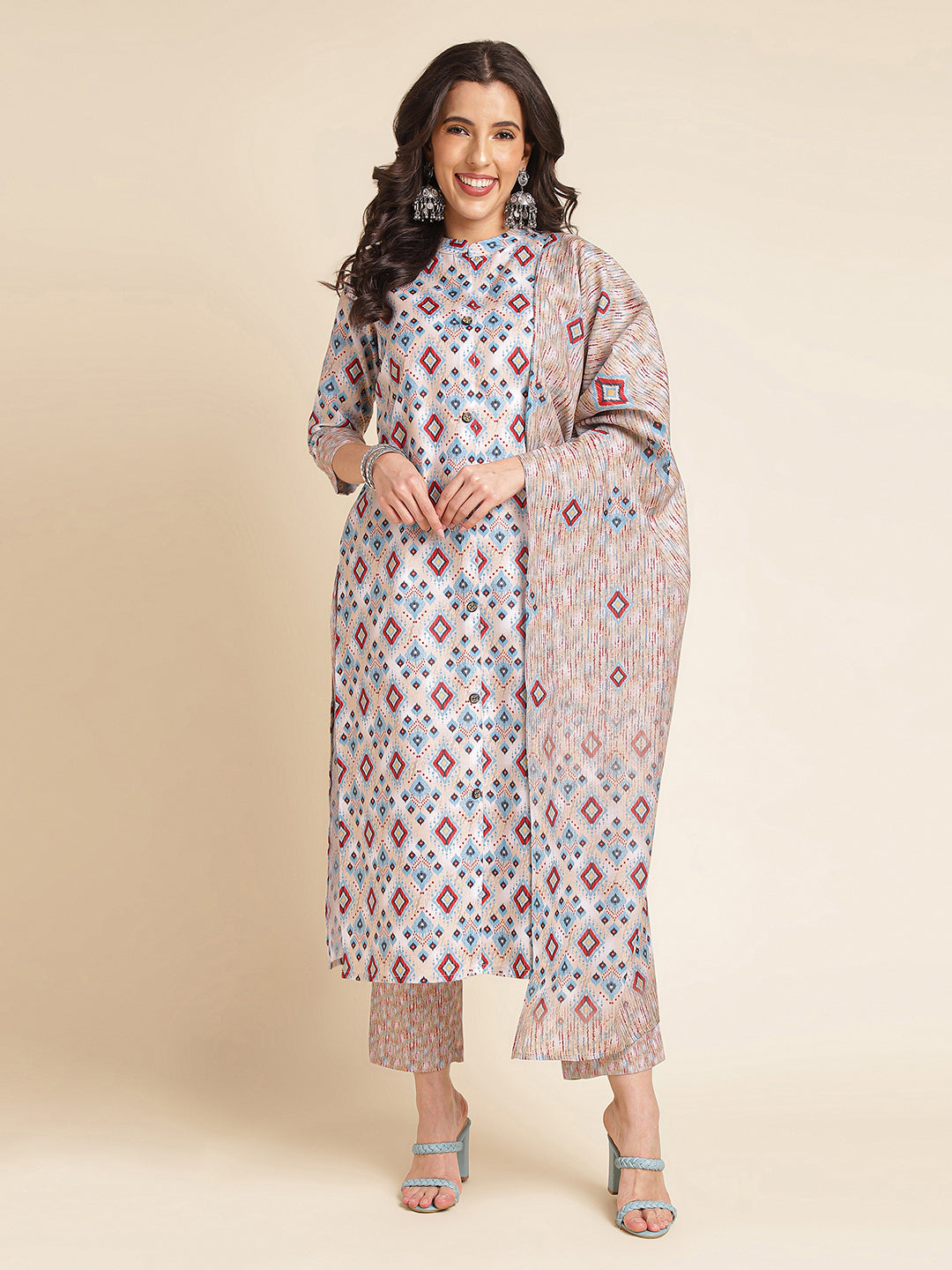 Multicolor Printed A-line Muslin Mandarin Neck Kurta Set