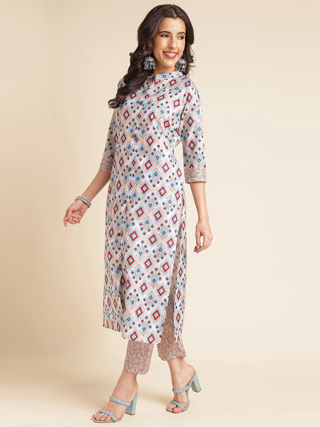 Multicolor Printed A-line Muslin Mandarin Neck Kurta Set