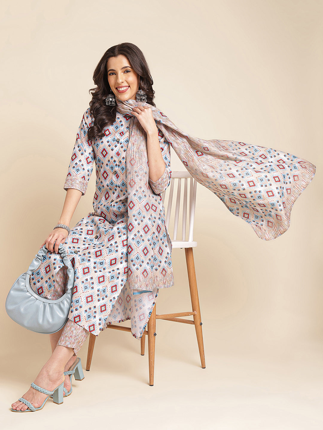 Multicolor Printed A-line Muslin Mandarin Neck Kurta Set