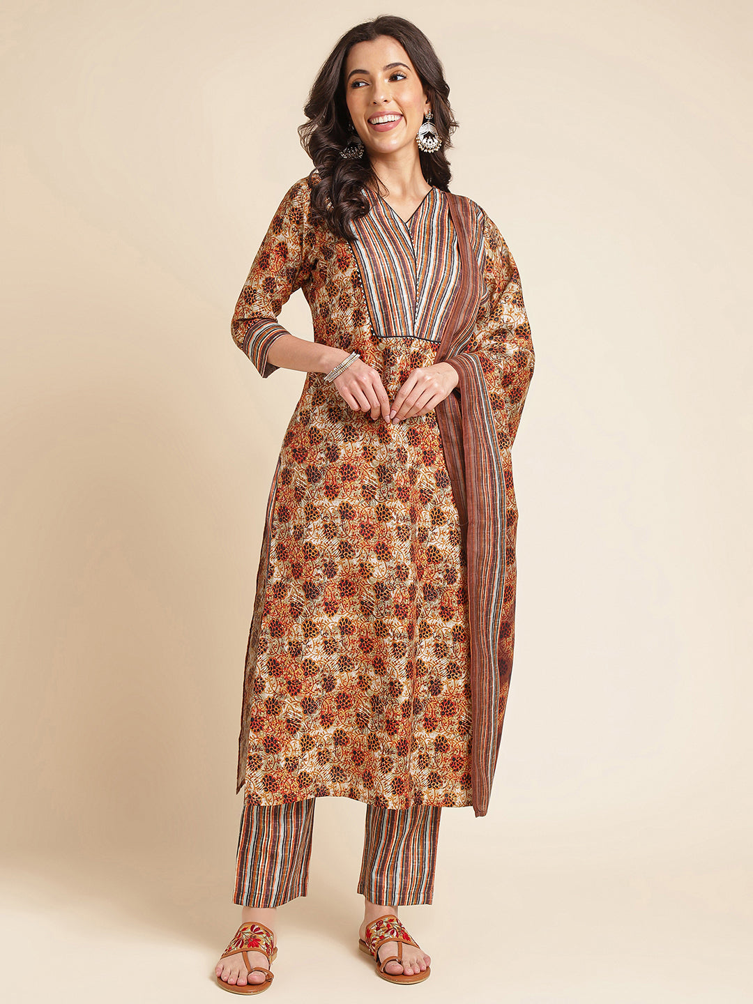 Brown Printed A-line Muslin V-Neck Kurta Set