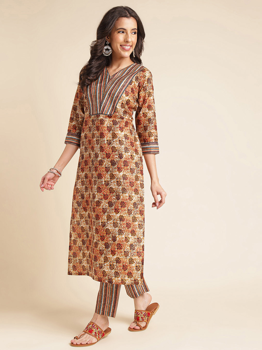 Brown Printed A-line Muslin V-Neck Kurta Set