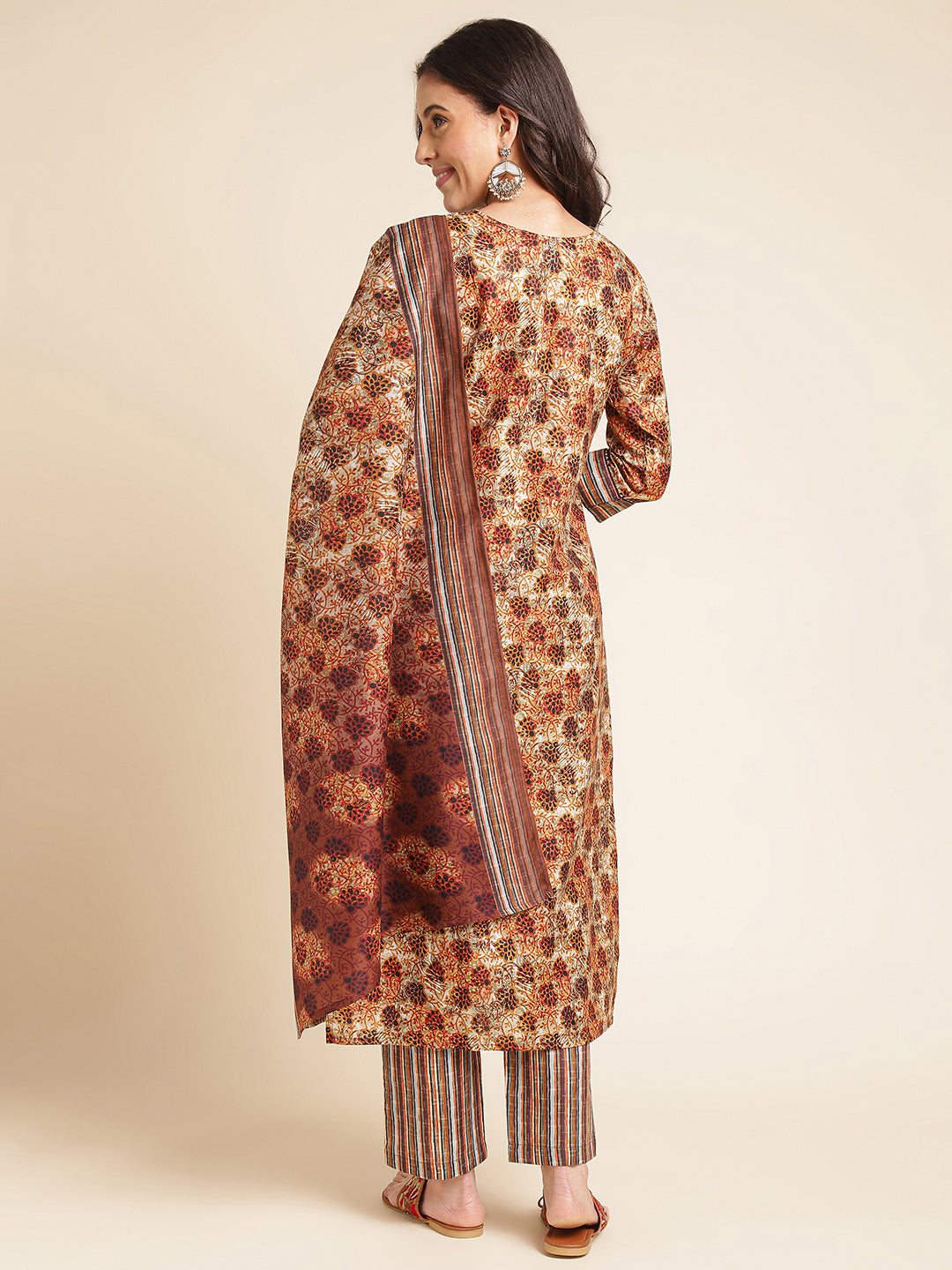 Brown Printed A-line Muslin V-Neck Kurta Set