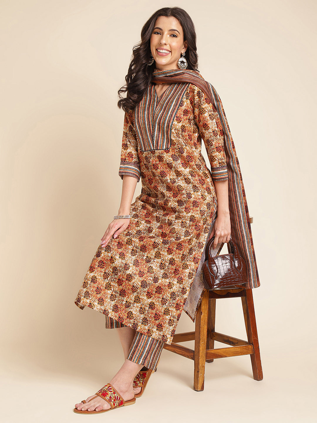 Brown Printed A-line Muslin V-Neck Kurta Set