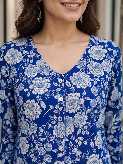 Blue Printed Straight Cottan Blend V-Neck Co-Ord Set