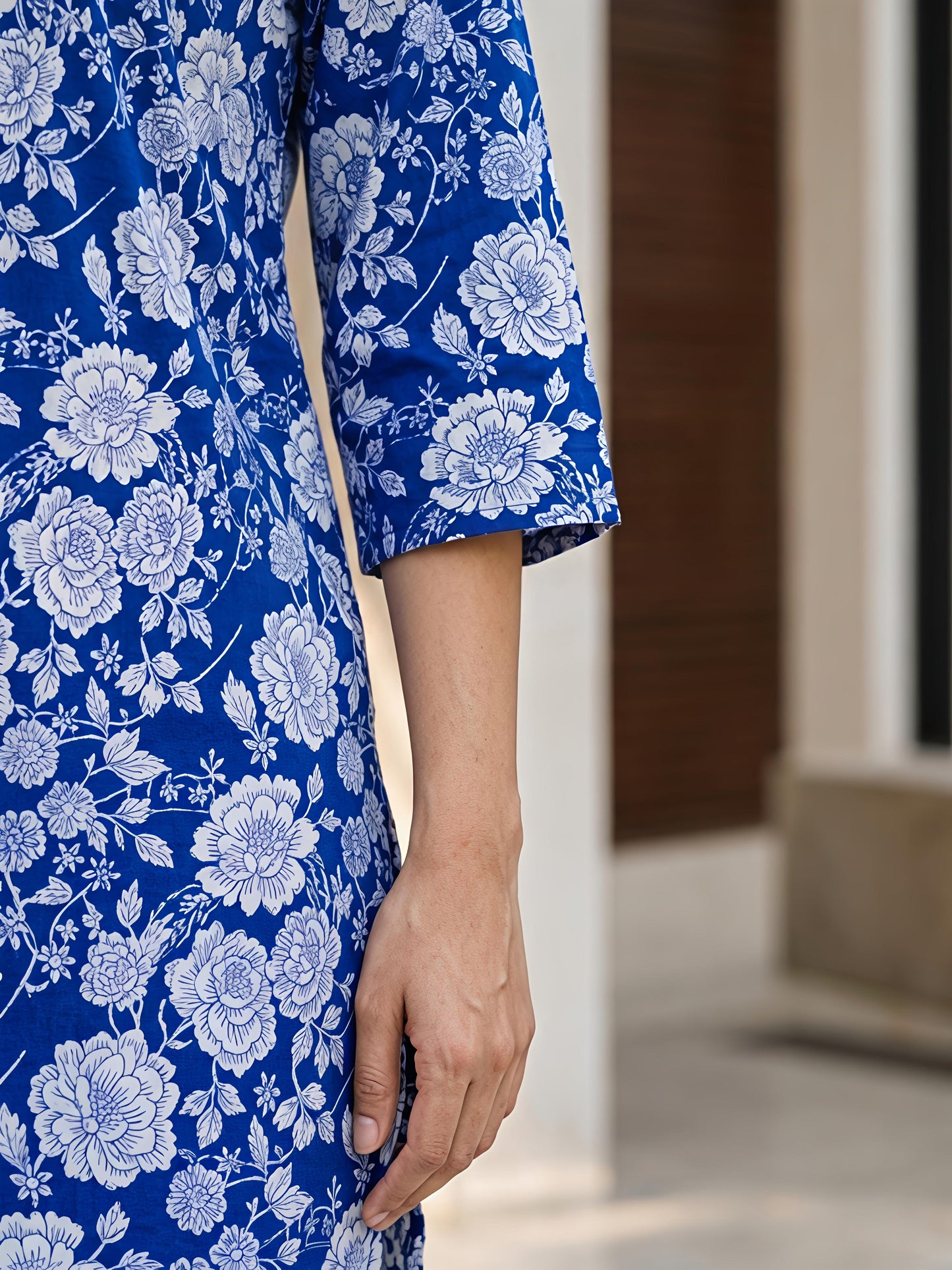 Blue Printed Straight Cottan Blend V-Neck Co-Ord Set