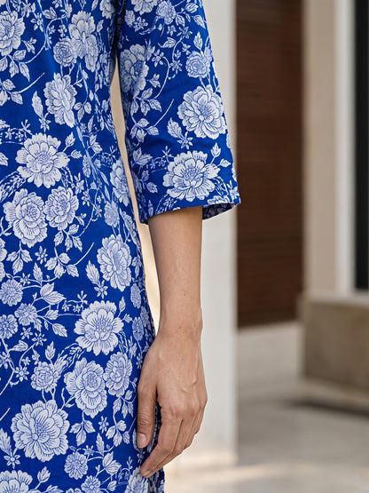 Blue Printed Straight Cottan Blend V-Neck Co-Ord Set
