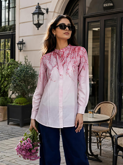 Pink Abstract Printed Long Shirt Casual Button Sleeve Top