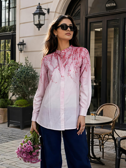 Pink Abstract Printed Long Shirt Casual Button Sleeve Top