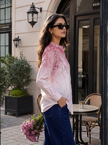 Pink Abstract Printed Long Shirt Casual Button Sleeve Top