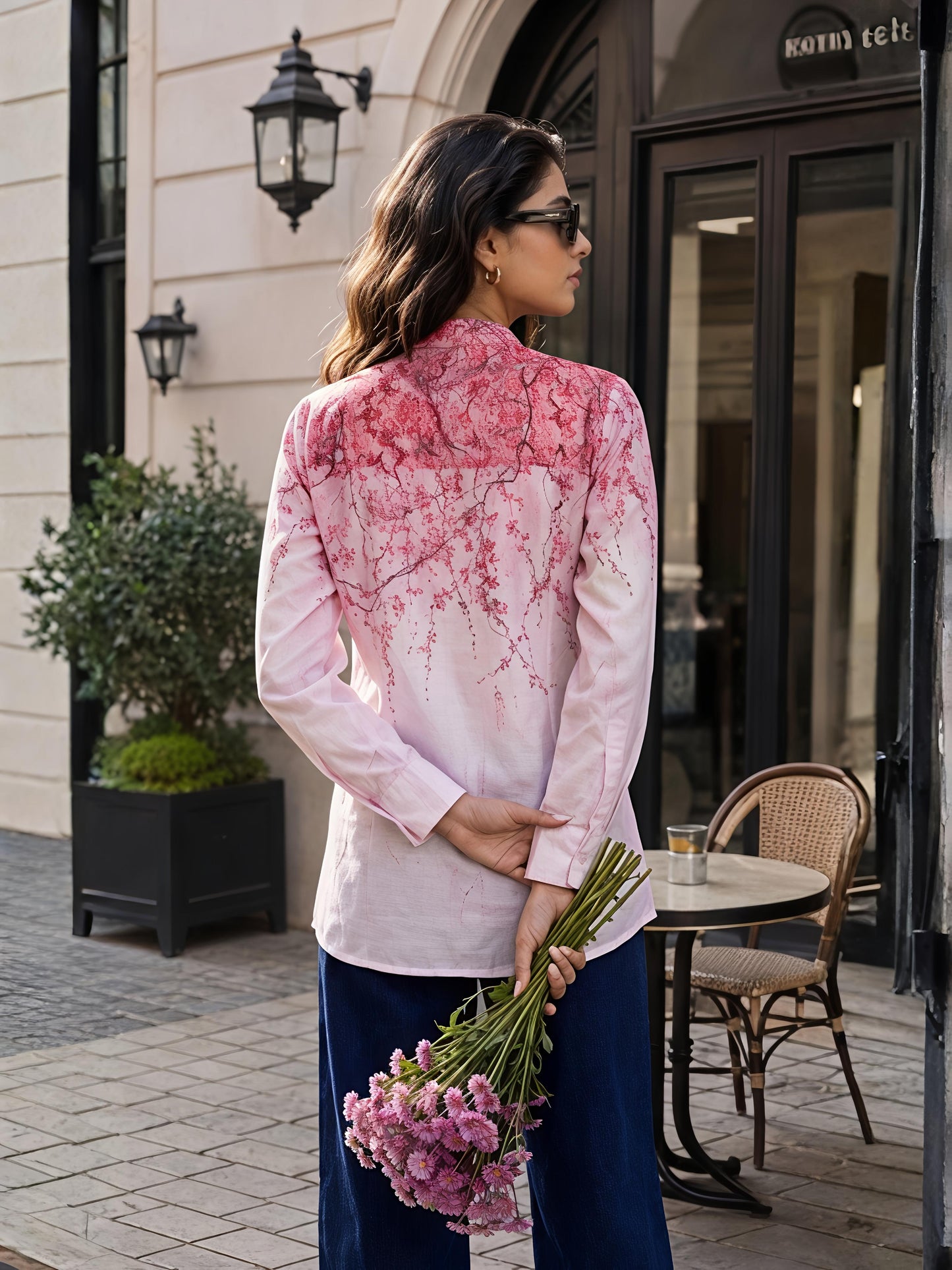 Pink Abstract Printed Long Shirt Casual Button Sleeve Top