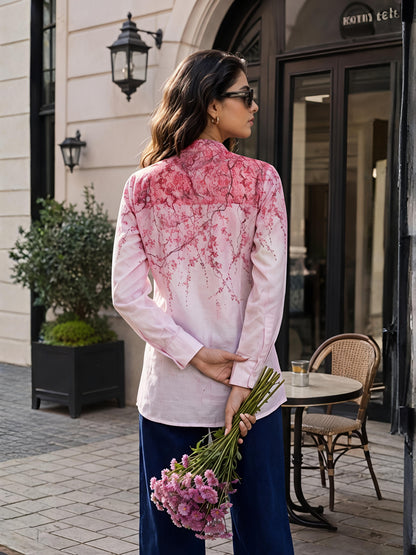 Pink Abstract Printed Long Shirt Casual Button Sleeve Top