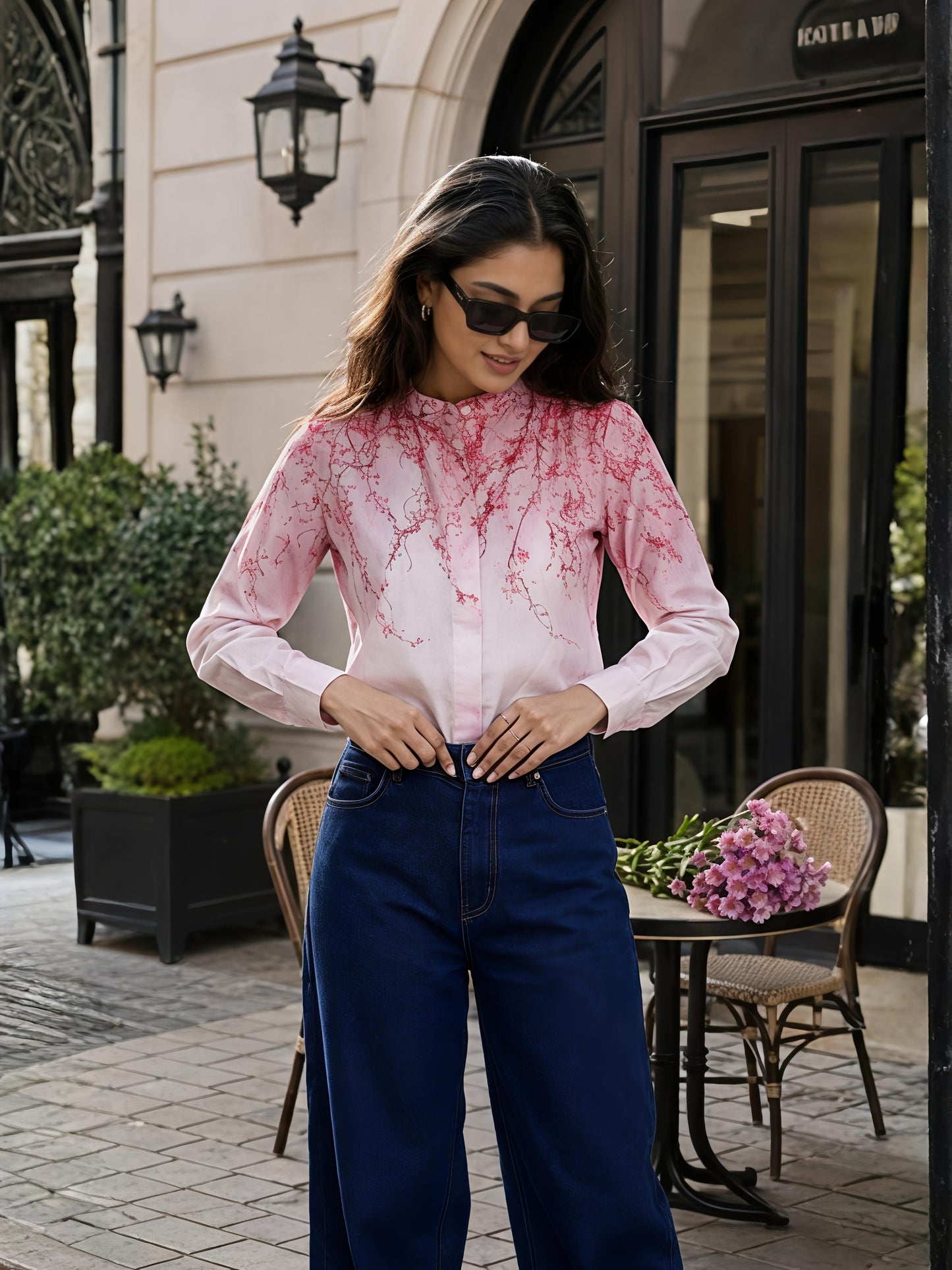 Pink Abstract Printed Long Shirt Casual Button Sleeve Top