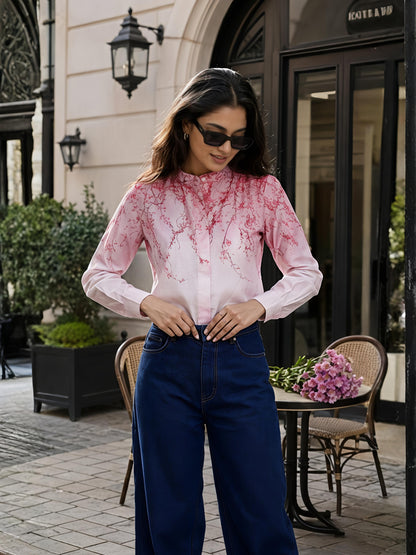 Pink Abstract Printed Long Shirt Casual Button Sleeve Top