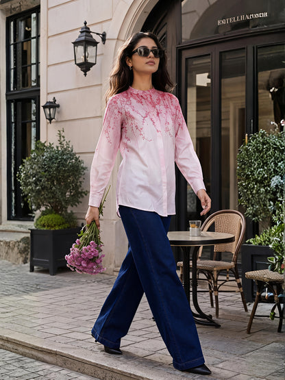 Pink Abstract Printed Long Shirt Casual Button Sleeve Top