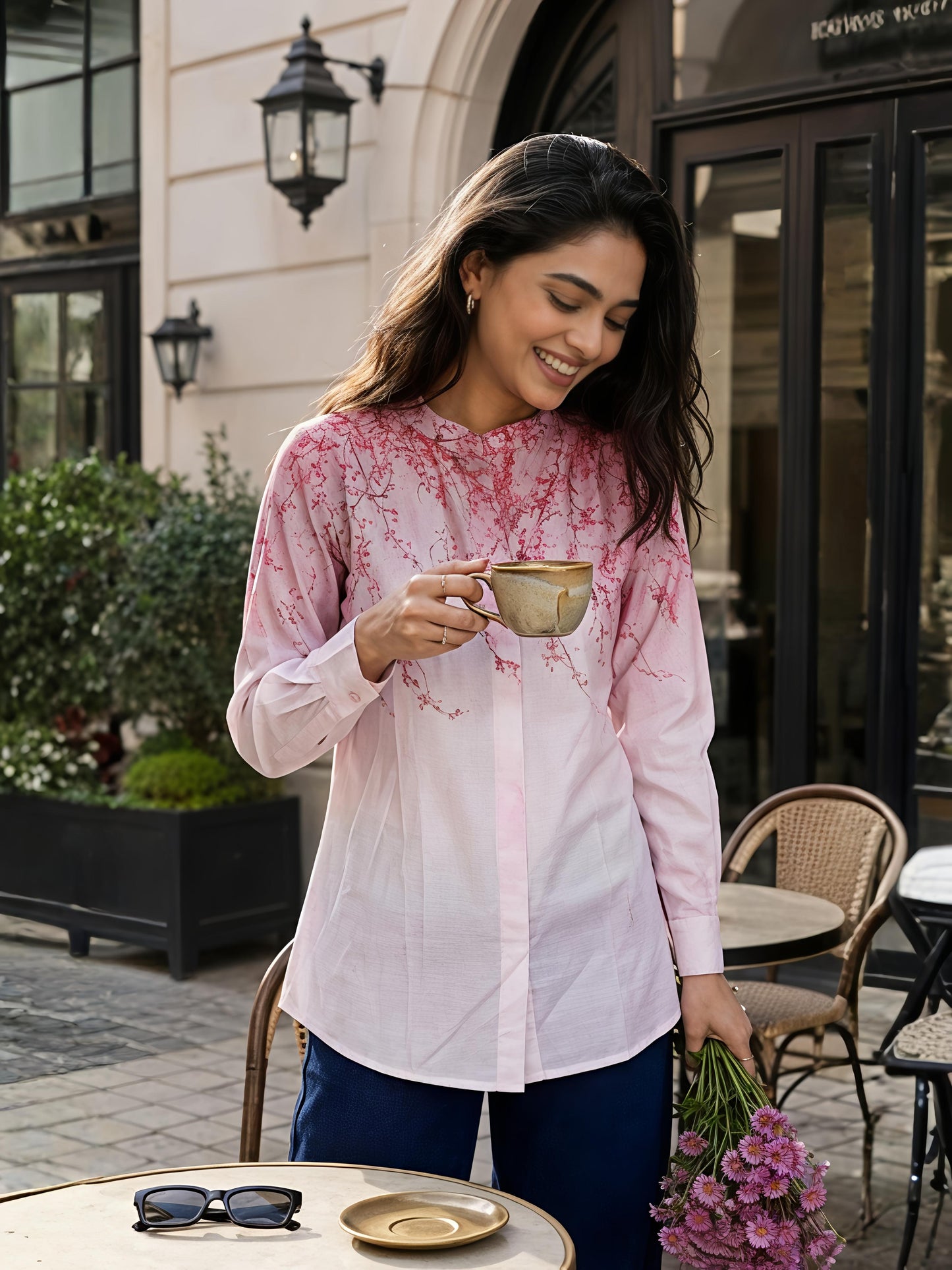 Pink Abstract Printed Long Shirt Casual Button Sleeve Top