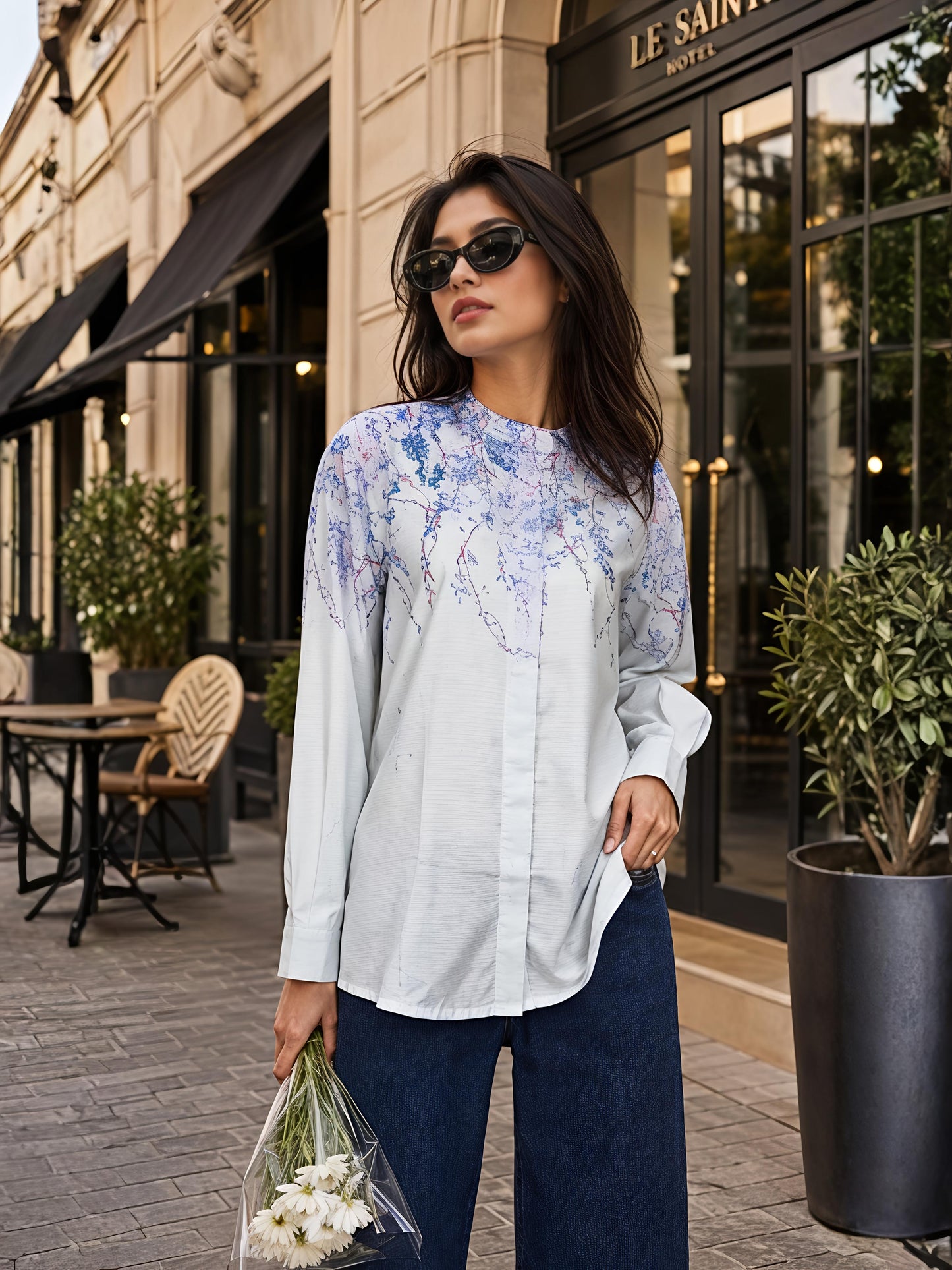 Blue Abstract Printed Long Shirt Casual Button Sleeve Top