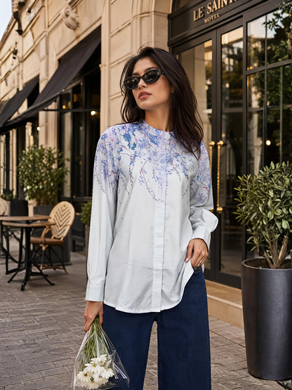 Blue Abstract Printed Long Shirt Casual Button Sleeve Top
