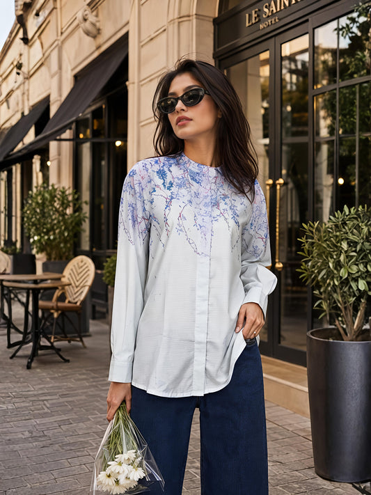 Blue Abstract Printed Long Shirt Casual Button Sleeve Top
