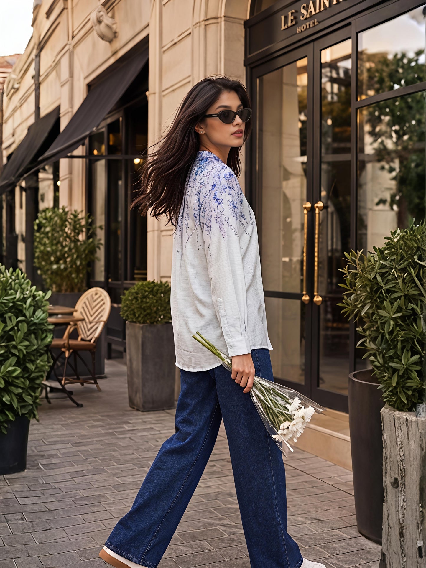 Blue Abstract Printed Long Shirt Casual Button Sleeve Top