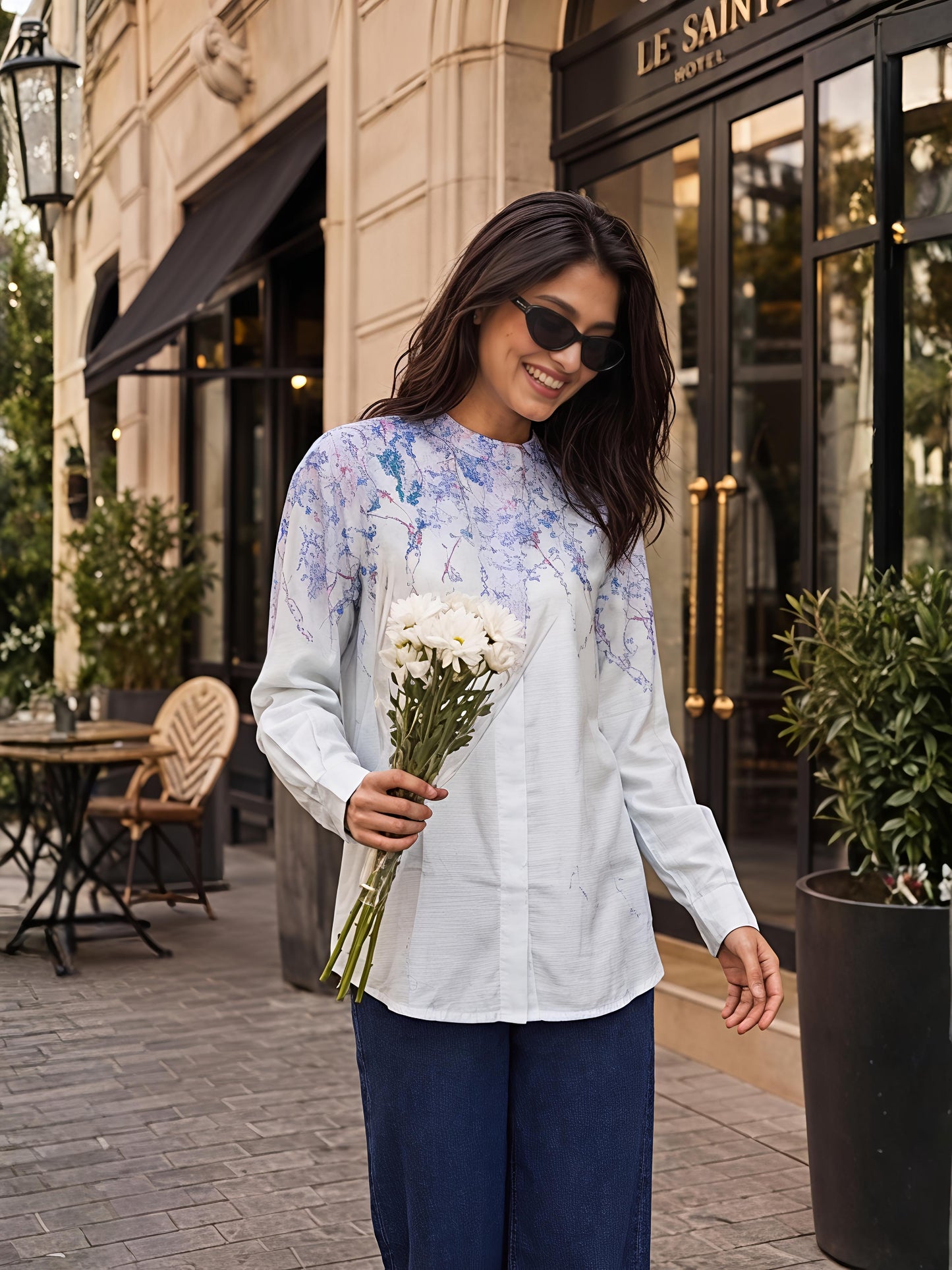 Blue Abstract Printed Long Shirt Casual Button Sleeve Top