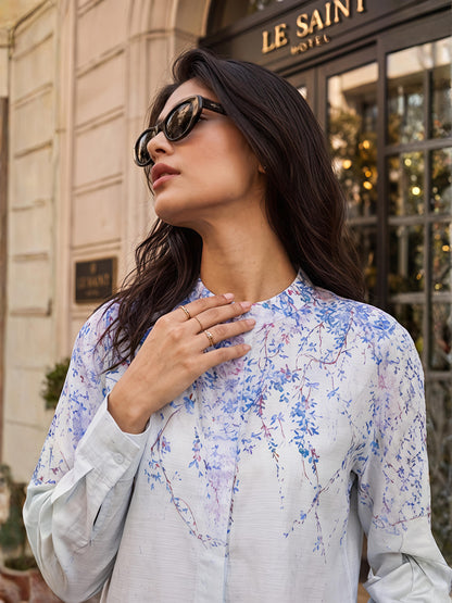 Blue Abstract Printed Long Shirt Casual Button Sleeve Top