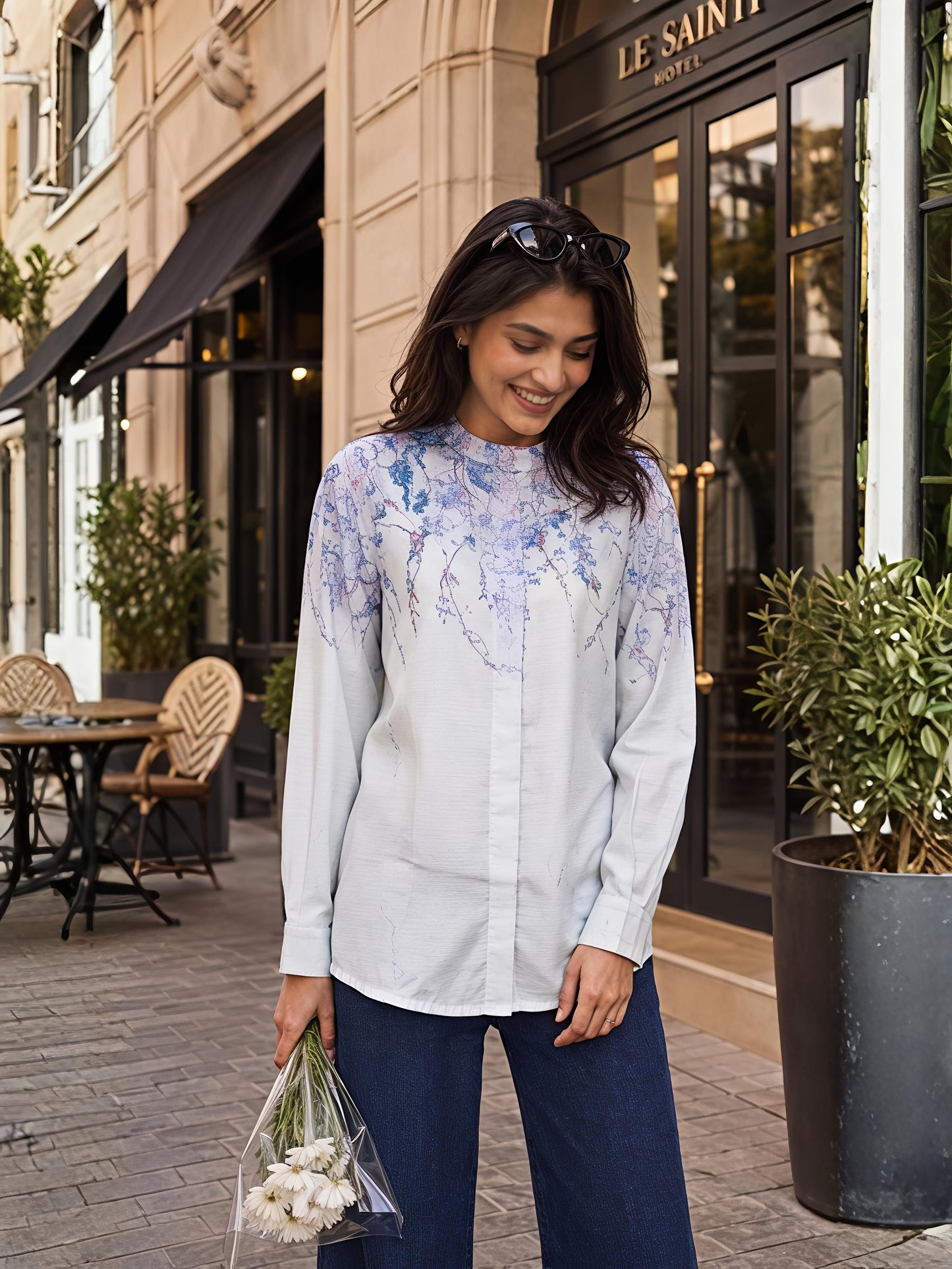 Blue Abstract Printed Long Shirt Casual Button Sleeve Top